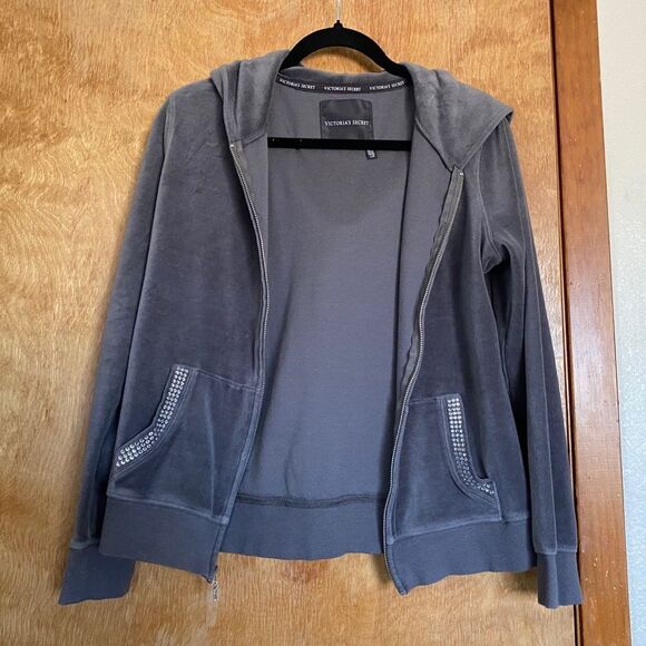 Victoria’s Secret y2k gray bedazzled velvet velour zip up - Picture 2 of 6